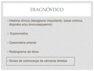 DIAGNÓSTICO
História clínica (tabagismo importante, tosse crônica,
dispnéia e/ou broncoespasmo)
 Espirometria
Gasometria arterial
Radiograma de tórax
Sinais de sobrecarga de câmaras direitas
 