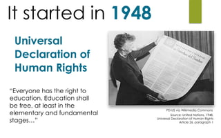 PD-US via Wikimedia Commons
“Everyone has the right to
education. Education shall
be free, at least in the
elementary and fundamental
stages…”
Source: United Nations, 1948,  
Universal Declaration of Human Rights  
Article 26, paragraph 1
Universal
Declaration of
Human Rights
It started in 1948
 
