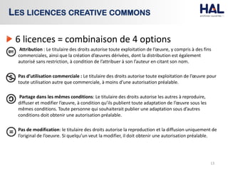 6 licences = combinaison de 4 options
Attribution : Le titulaire des droits autorise toute exploitation de l’œuvre, y compris à des fins
commerciales, ainsi que la création d’œuvres dérivées, dont la distribution est également
autorisé sans restriction, à condition de l’attribuer à son l’auteur en citant son nom.
Pas d’utilisation commerciale : Le titulaire des droits autorise toute exploitation de l’œuvre pour
toute utilisation autre que commerciale, à moins d’une autorisation préalable.
Partage dans les mêmes conditions: Le titulaire des droits autorise les autres à reproduire,
diffuser et modifier l’œuvre, à condition qu’ils publient toute adaptation de l’œuvre sous les
mêmes conditions. Toute personne qui souhaiterait publier une adaptation sous d’autres
conditions doit obtenir une autorisation préalable.
Pas de modification: le titulaire des droits autorise la reproduction et la diffusion uniquement de
l’original de l’oeuvre. Si quelqu’un veut la modifier, il doit obtenir une autorisation préalable.
13
LES LICENCES CREATIVE COMMONS
 