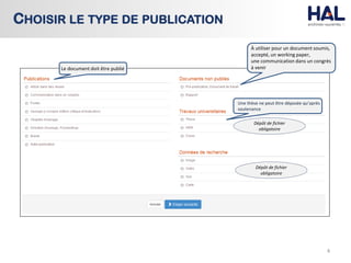 4
CHOISIR LE TYPE DE PUBLICATION
Une thèse ne peut être déposée qu’après
soutenance
Le document doit être publié
Dépôt de fichier
obligatoire
Dépôt de fichier
obligatoire
 