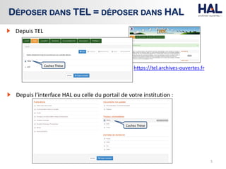 Depuis TEL
5
DÉPOSER DANS TEL = DÉPOSER DANS HAL
Depuis l’interface HAL ou celle du portail de votre institution :
Cochez Thèse
Cochez Thèse
https://tel.archives-ouvertes.fr
 