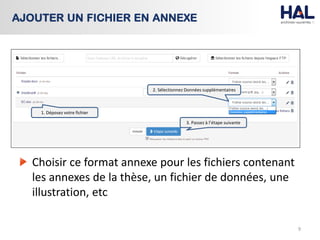 Choisir ce format annexe pour les fichiers contenant
les annexes de la thèse, un fichier de données, une
illustration, etc
9
AJOUTER UN FICHIER EN ANNEXE
3. Passez à l’étape suivante
1. Déposez votre fichier
2. Sélectionnez Données supplémentaires
 