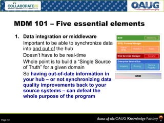 MDM 101 – Five essential elements Data integration or middleware Important to be able to synchronize data into  and out of  the hub Doesn’t have to be real-time Whole point is to build a “Single Source of Truth” for a given domain So  having out-of-date information in your hub – or not synchronizing data quality improvements back to your source systems – can defeat the whole purpose of the program 
