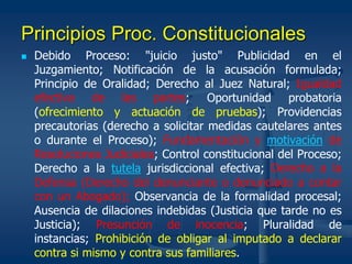 Principios Proc. Constitucionales
 Debido Proceso: "juicio justo" Publicidad en el
Juzgamiento; Notificación de la acusación formulada;
Principio de Oralidad; Derecho al Juez Natural; Igualdad
efectiva de las partes; Oportunidad probatoria
(ofrecimiento y actuación de pruebas); Providencias
precautorias (derecho a solicitar medidas cautelares antes
o durante el Proceso); Fundamentación y motivación de
Resoluciones Judiciales; Control constitucional del Proceso;
Derecho a la tutela jurisdiccional efectiva; Derecho a la
Defensa (Derecho del denunciante o denunciado a contar
con un Abogado); Observancia de la formalidad procesal;
Ausencia de dilaciones indebidas (Justicia que tarde no es
Justicia); Presunción de inocencia; Pluralidad de
instancias; Prohibición de obligar al imputado a declarar
contra si mismo y contra sus familiares.
 