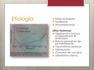 Etiología:





Edad avanzada
Multíparas
Afroamericanas

Otros trastornos:
 Hipertensión crónica
o inducida por el
embarazo
 Rotura prematura de
las membranas
 Traumatismo externos
 Tabaquismo
 Consumo de cocaína
 Leiomioma uterino

 