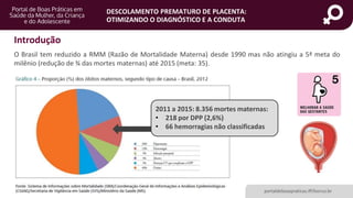 DESCOLAMENTO PREMATURO DE PLACENTA:
OTIMIZANDO O DIAGNÓSTICO E A CONDUTA
Introdução
O Brasil tem reduzido a RMM (Razão de Mortalidade Materna) desde 1990 mas não atingiu a 5ª meta do
milênio (redução de ¾ das mortes maternas) até 2015 (meta: 35).
2011 a 2015: 8.356 mortes maternas:
• 218 por DPP (2,6%)
• 66 hemorragias não classificadas
portaldeboaspraticas.iff.fiocruz.br
 