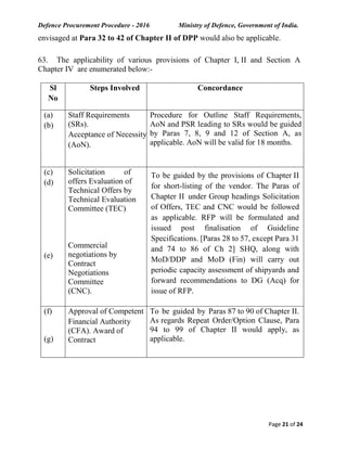 Defence Procurement Procedure - 2016 Ministry of Defence, Government of India.
Page 21 of 24
envisaged at Para 32 to 42 of Chapter II of DPP would also be applicable.
63. The applicability of various provisions of Chapter I, II and Section A
Chapter IV are enumerated below:-
Sl
No
Steps Involved Concordance
(a)
(b)
Staff Requirements
(SRs).
Acceptance of Necessity
(AoN).
Procedure for Outline Staff Requirements,
AoN and PSR leading to SRs would be guided
by Paras 7, 8, 9 and 12 of Section A, as
applicable. AoN will be valid for 18 months.
(c)
(d)
(e)
Solicitation of
offers Evaluation of
Technical Offers by
Technical Evaluation
Committee (TEC)
Commercial
negotiations by
Contract
Negotiations
Committee
(CNC).
To be guided by the provisions of Chapter II
for short-listing of the vendor. The Paras of
Chapter II under Group headings Solicitation
of Offers, TEC and CNC would be followed
as applicable. RFP will be formulated and
issued post finalisation of Guideline
Specifications. [Paras 28 to 57, except Para 31
and 74 to 86 of Ch 2] SHQ, along with
MoD/DDP and MoD (Fin) will carry out
periodic capacity assessment of shipyards and
forward recommendations to DG (Acq) for
issue of RFP.
(f)
(g)
Approval of Competent
Financial Authority
(CFA). Award of
Contract
To be guided by Paras 87 to 90 of Chapter II.
As regards Repeat Order/Option Clause, Para
94 to 99 of Chapter II would apply, as
applicable.
 