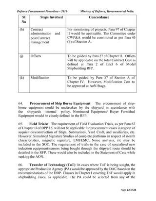 Defence Procurement Procedure - 2016 Ministry of Defence, Government of India.
Page 22 of 24
Sl
No
Steps Involved Concordance
(h) Contract
administration and
post Contract
management
For monitoring of projects, Para 97 of Chapter
II would be applicable. The Committee under
CWP&A would be constituted as per Para 45
(b) of Section A.
(j) Offsets To be guided by Para 27 of Chapter II. Offsets
will be applicable on the total Contract Cost as
defined at Para 2 of Encl 6 of Model
Shipbuilding RFP.
(k) Modification To be guided by Para 37 of Section A of
Chapter IV. However, Modification Cost to
be approved at AoN Stage.
64. Procurement of Ship Borne Equipment: The procurement of ship-
borne equipment would be undertaken by the shipyard in accordance with
the shipyards internal policy. Nominated Equipment/ Buyer Furnished
Equipment would be clearly defined in the RFP.
65. Field Trials: The requirement of Field Evaluation Trials, as per Para 62
of Chapter II of DPP 16, will not be applicable for procurement cases in respect of
acquisition/construction of Ships, Submarines, Yard Craft, and auxiliaries, etc.
However, Simulated Signature Studies of complete platforms in respect of stealth
characteristics, magnetic signature, EMI/EMC, Noise analysis, etc may be
included in the SOC. The requirement of trials in the case of specialised new
induction equipment/sensors being bought through the shipyard route should be
detailed in the RFP. These would also be included in the Statement of Case while
seeking the AON.
66. Transfer of Technology (ToT): In cases where ToT is being sought, the
appropriate Production Agency (PA) would be approved by the DAC based on the
recommendations of the DDP. Clauses in Chapter I covering ToT would apply in
shipbuilding cases, as applicable. The PA could be selected from any of the
 