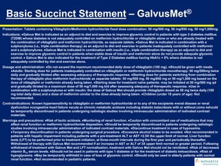 Basic Succinct Statement – GalvusMet®
Presentation: Tablets containing Vildagliptin/Metformin hydrochloride fixed dose combination: 50 mg/500 mg, 50 mg/850 mg, 50 mg/1,000mg.
Indications: ♦Galvus Met is indicated as an adjunct to diet and exercise to improve glycemic control in patients with type 2 diabetes mellitus
(T2DM) whose diabetes is not adequately controlled on metformin hydrochloride or vildagliptin alone or who are already treated with
the combination of vildagliptin and metformin hydrochloride, as separate tablets. ♦Galvus Met is indicated in combination with a
sulphonylurea (i.e., triple combination therapy) as an adjunct to diet and exercise in patients inadequately controlled with metformin
and a sulphonylurea. ♦Galvus Met is indicated in combination with insulin (i.e., triple combination therapy) as an adjunct to diet and
exercise to improve glycemic control in patients when stable dose of insulin and metformin alone do not provide adequate glycemic
control. ♦ Galvus Met is also indicated for the treatment of Type 2 Diabetes mellitus having HbA1c > 8% where diabetes is not
adequately controlled by diet and exercise alone.
Dosage and administration: ♦Do not exceed the maximum recommended daily dose of vildagliptin (100 mg). ♦Should be given with meals.
♦Adults: Starting dose for patients inadequately controlled on vildagliptin or metformin hydrochloride monotherapy: 50 mg/500mg twice
daily and gradually titrated after assessing adequacy of therapeutic response. ♦Starting dose for patients switching from combination
therapy of vildagliptin plus metformin hydrochloride as separate tablets: 50 mg/500 mg, 50 mg/850 mg or 50 mg/1,000 mg based on the
dose of vildagliptin or metformin already being taken. ♦Starting dose for treatment naïve patients: may be initiated at 50 mg/500 mg qd
and gradually titrated to a maximum dose of 50 mg/1,000 mg bid after assessing adequacy of therapeutic response. ♦Use in
combination with a sulphonylurea or with insulin: the dose of Galvus Met should provide vildagliptin dosed as 50 mg twice daily (100
mg total daily dose) and a dose of metformin similar to the dose already being taken. ♦Children (under 18 years of age): Not
recommended.
Contraindications: Known hypersensitivity to vildagliptin or metformin hydrochloride or to any of the excipients ♦renal disease or renal
dysfunction ♦congestive heart failure ♦acute or chronic metabolic acidosis including diabetic ketacidosis with or without coma ♦should
be temporarily discontinued in patients undergoing radiologic studies involving intravascular administration of iodinated contrast
materials.
Warnings and precautions: ♦Risk of lactic acidosis. ♦Monitoring of renal function. ♦Caution with concomitant use of medications that may
affect renal function or metformin hydrochloride disposition. ♦Should be temporarily discontinued in patients undergoing radiologic
studies involving intravascular administration of iodinated contrast materials. ♦Discontinue treatment in case of hypoxemia.
♦Temporary discontinuation in patients undergoing surgical procedure. ♦Excessive alcohol intake to be avoided. ♦Not recommended in
patients with hepatic impairment including patients with a pre-treatment ALT or AST >2.5X the upper limit of normal. Liver function
tests (LFT) to be performed prior to treatment initiation, at three-month intervals during the first year and periodically thereafter.
Withdrawal of therapy with Galvus Met recommended if an increase in AST or ALT of 3X upper limit normal or greater persist. Following
withdrawal of treatment with Galvus Met and LFT normalisation, treatment with Galvus Met should not be reinitiated. ♦Risk of decreased
vitamin B12 serum levels. ♦Should not be used in patients with type 1 diabetes or for the treatment of diabetic ketoacidosis. ♦Risk of
hypoglycemia. ♦May be temporarily withheld in case of loss of glycemic control. ♦Should only be used in elderly patients with normal
renal function. ♦Not recommended in pediatric patients.
 