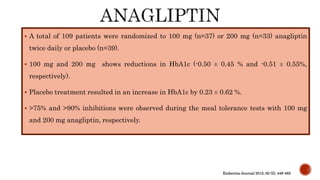  A total of 109 patients were randomized to 100 mg (n=37) or 200 mg (n=33) anagliptin
twice daily or placebo (n=39).
 100 mg and 200 mg shows reductions in HbA1c (-0.50 ± 0.45 % and -0.51 ± 0.55%,
respectively).
 Placebo treatment resulted in an increase in HbA1c by 0.23 ± 0.62 %.
 >75% and >90% inhibitions were observed during the meal tolerance tests with 100 mg
and 200 mg anagliptin, respectively.
Endocrine Journal 2015, 62 (5), 449-462
 