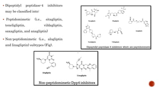  Dipeptidyl peptidase-4 inhibitors
may be classified into:
 Peptidomimetic (i.e., sitagliptin,
teneligliptin, vildagliptin,
saxagliptin, and anagliptin)
 Non-peptidomimetic (i.e., alogliptin
and linagliptin) subtypes (Fig).
 