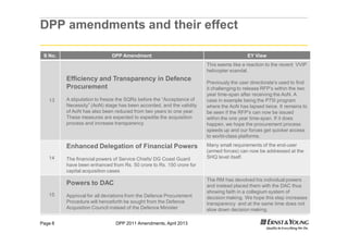 DPP 2011 Amendments, April 2013Page 8
DPP amendments and their effect
S No. DPP Amendment EY View
13
Efficiency and Transparency in Defence
Procurement
A stipulation to freeze the SQRs before the “Acceptance of
Necessity” (AoN) stage has been accorded, and the validity
of AoN has also been reduced from two years to one year.
These measures are expected to expedite the acquisition
process and increase transparency
This seems like a reaction to the recent VVIP
helicopter scandal.
Previously the user directorate’s used to find
it challenging to release RFP’s within the two
year time-span after receiving the AoN. A
case in example being the P75I program
where the AoN has lapsed twice. It remains to
be seen if the RFP’s can now be issued
within the one year time-span. If it does
happen, we hope the procurement process
speeds up and our forces get quicker access
to world-class platforms.
14
Enhanced Delegation of Financial Powers
The financial powers of Service Chiefs/ DG Coast Guard
have been enhanced from Rs. 50 crore to Rs. 150 crore for
capital acquisition cases
Many small requirements of the end-user
(armed forces) can now be addressed at the
SHQ level itself.
15
Powers to DAC
Approval for all deviations from the Defence Procurement
Procedure will henceforth be sought from the Defence
Acquisition Council instead of the Defence Minister
The RM has devolved his individual powers
and instead placed them with the DAC thus
showing faith in a collegium system of
decision making. We hope this step increases
transparency and at the same time does not
slow down decision making.
 