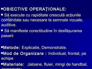 OBIECTIVE OPERAŢIONALE:OBIECTIVE OPERAŢIONALE:
 Să execute cu rapiditate crescută acţiunileSă execute cu rapiditate crescută acţiunile
comandate sau necesare la semnale vizuale,comandate sau necesare la semnale vizuale,
auditiveauditive..
 Să manifeste corectitudine în desfăşurareaSă manifeste corectitudine în desfăşurarea
pasariipasarii
MetodeMetode:: Explicatie, Demonstratie.Explicatie, Demonstratie.
Mod de Organizare :Mod de Organizare : Individual, frontal, peIndividual, frontal, pe
echipeechipe
Materiale:Materiale: JJaloane,aloane, fluierfluier, mingi de handbal,, mingi de handbal,
 