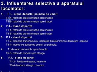 3.3. Influentarea selectiva a aparatuluiInfluentarea selectiva a aparatului
locomotorlocomotor::
11 .. P.I.- stand departat palmele pe umeriP.I.- stand departat palmele pe umeri ::
T1-4- rotari de brate simultan spre inainteT1-4- rotari de brate simultan spre inainte
T5-8- rotari de brate simultan spre inapoiT5-8- rotari de brate simultan spre inapoi
22 .. P.I.- stand departatP.I.- stand departat
T1-4- rotari de brate simultan spre inainteT1-4- rotari de brate simultan spre inainte
T5-8- rotari de brate simultan spre inapoiT5-8- rotari de brate simultan spre inapoi
3.3. P.I.- stand departatP.I.- stand departat
T1-2- extensia trunchiului cu ridicarea bratelor intinse deasupra capuluiT1-2- extensia trunchiului cu ridicarea bratelor intinse deasupra capului
T3-4- indoire cu atingerea solului cu palmeleT3-4- indoire cu atingerea solului cu palmele..
44 .. T1-4- rotari de trunchi spre dreaptaT1-4- rotari de trunchi spre dreapta
T5-8- rotari de trunchi spre stangaT5-8- rotari de trunchi spre stanga
5.5. P.I.- stand departatP.I.- stand departat
T1-T1-2-2- fandare dreaptafandare dreapta, revenire, revenire
T3-T3-4-4- fandare stangafandare stanga, revenire, revenire
 