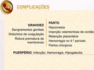 COMPLICAÇÕES
GRAVIDEZ
Sangramentos genitais
Distúrbios de coagulação
Rotura prematura de
membranas
PARTO
Hipocinesia
Inserção velamentosa de cordão
Retenção placentária
Hemorragia no 4.º período
Partos cirúrgicos
PUERPÉRIO: Infecção, Hemorragia, Hipogalactia
 