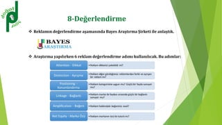  Reklamın değerlendirme aşamasında Bayes Araştırma Şirketi ile anlaştık.
 Araştırma yapılırken 6 reklam değerlendirme adımı kullanılıcak. Bu adımlar:
8-Değerlendirme
 