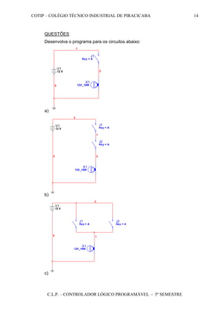 COTIP – COLÉGIO TÉCNICO INDUSTRIAL DE PIRACICABA
C.L.P. – CONTROLADOR LÓGICO PROGRAMÁVEL - 5º SEMESTRE
14
QUESTÕES
Desenvolva o programa para os circuitos abaixo:
a)
J1
Key = A
V1
12 V
1
2
0
X1
12V_10W
b)
J2
Key = A
V1
12 V
20
X1
12V_10W
J1
Key = A
1
3
c)
J2
Key = A
V1
12 V
0
X1
12V_10W
J1
Key = A
1
2
 