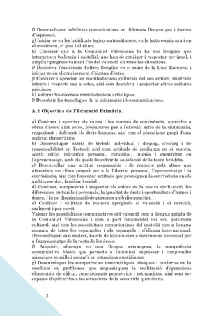 f) Desenvolupar habilitats comunicatives en diferents llenguatges i formes
d’expressió.
g) Iniciar-se en les habilitats logico-matemàtiques, en la lecto-escriptura i en
el moviment, el gest i el ritme.
h) Conèixer que a la Comunitat Valenciana hi ha dos llengües que
interactuen (valencià i castellà), que han de conèixer i respectar per igual, i
ampliar progressivament l’ús del valencià en totes les situacions.
i) Descobrir l’existència d’altres llengües en el marc de la Unió Europea, i
iniciar-se en el coneixement d’alguna d’estes.
j) Conèixer i apreciar les manifestacions culturals del seu entorn, mostrant
interès i respecte cap a estes, així com descobrir i respectar altres cultures
pròximes.
k) Valorar les diverses manifestacions artístiques.
l) Descobrir les tecnologies de la informació i les comunicacions.

A.2 Objectius de l’Educació Primària.

a) Conèixer i apreciar els valors i les normes de convivència, aprendre a
obrar d’acord amb estes, preparar-se per a l’exercici actiu de la ciutadania,
respectant i defenent els drets humans, així com el pluralisme propi d’una
societat democràtica.
b) Desenvolupar hàbits de treball individual i d’equip, d’esforç i de
responsabilitat en l’estudi, així com actituds de confiança en si mateix,
sentit crític, iniciativa personal, curiositat, interès i creativitat en
l’aprenentatge, amb els quals descobrir la satisfacció de la tasca ben feta.
c) Desenrotllar una actitud responsable i de respecte pels altres que
afavorisca un clima propici per a la llibertat personal, l’aprenentatge i la
convivència, així com fomentar actituds que promoguen la convivència en els
àmbits escolar, familiar i social.
d) Conèixer, comprendre i respectar els valors de la nostra civilització, les
diferències culturals i personals, la igualtat de drets i oportunitats d’homes i
dones, i la no discriminació de persones amb discapacitat.
e) Conèixer i utilitzar de manera apropiada el valencià i el castellà,
oralment i per escrit.
Valorar les possibilitats comunicatives del valencià com a llengua pròpia de
la Comunitat Valenciana i com a part fonamental del seu patrimoni
cultural, així com les possibilitats comunicatives del castellà com a llengua
comuna de totes les espanyoles i els espanyols i d’idioma internacional.
Desenvolupar, així mateix, hàbits de lectura com a instrument essencial per
a l’aprenentatge de la resta de les àrees.
f) Adquirir, almenys en una llengua estrangera, la competència
comunicativa bàsica que permeta a l’alumnat expressar i comprendre
missatges senzills i moure’s en situacions quotidianes.
g) Desenvolupar les competències matemàtiques bàsiques i iniciar-se en la
resolució de problemes que requerisquen la realització d’operacions
elementals de càlcul, coneixements geomètrics i estimacions, així com ser
capaços d’aplicar-los a les situacions de la seua vida quotidiana.


       2
 