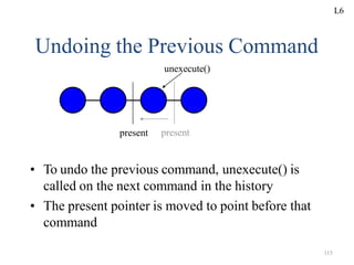 • To undo the previous command, unexecute() is
called on the next command in the history
• The present pointer is moved to point before that
command
present
Undoing the Previous Command
unexecute()
present
115
L6
 