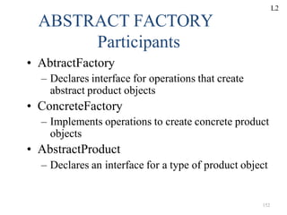 152
ABSTRACT FACTORY
Participants
• AbtractFactory
– Declares interface for operations that create
abstract product objects
• ConcreteFactory
– Implements operations to create concrete product
objects
• AbstractProduct
– Declares an interface for a type of product object
L2
 