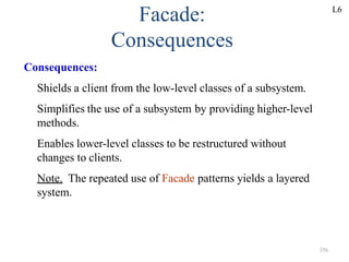 356
Facade:
Consequences
Consequences:
Shields a client from the low-level classes of a subsystem.
Simplifies the use of a subsystem by providing higher-level
methods.
Enables lower-level classes to be restructured without
changes to clients.
Note. The repeated use of Facade patterns yields a layered
system.
L6
 