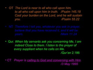 Prayer is the medium of miracles.
Prayer is the natural communication of the Created
with the Creator.
Through prayer, love is received,
and through miracles love is expressed.
/A Cource in Miracles
Pledge #5
Our family, the owner of Cheon Il Guk,
pledges to strive every day to advance the unification
of the spirit world and the physical world
as subject and object partners, by centering on true love.
/Sun Myung Moon
”Perfect content of Prayer”
 
