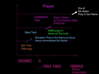 V. The Benefits of Prayer
2. Spiritual Growth and Spiritual Help
"We can mobilize the whole spiritual world and physical
world."
"We can gain the ability to discern good and evil and
gain future vision."
"We can find the wisdom and the power to resolve
difficult and impossible problems."
Prayer brings about change through renewal so that we
can become "meek and humble, surrender obediently
and serve in a sacrificial way" as Jesus taught.
 