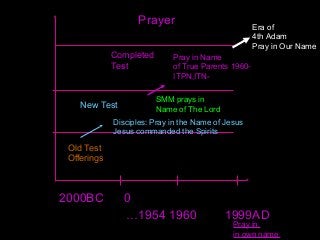 2000BC 0
Old Test
Offerings
…1954 1960 1999AD
Prayer Era of
4th Adam
Pray in Our Name
Pray in Name
of True Parents 1960-
ITPN,ITN-
SMM prays in
Name of The Lord
Disciples: Pray in the Name of Jesus
Jesus commanded the Spirits
New Test
Completed
Test
Pray in
in own name
 