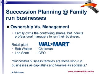 Succession Planning @ Family run businesses Ownership Vs. Management Family owns the controlling shares, but inducts professional managers to run their business.  Retail giant  Rob Walton - Chairman Lee Scott - CEO  "Successful business families are those who run businesses as capitalists and families as socialists." N. Srinivasan   