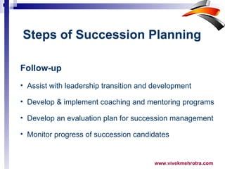 Steps of Succession Planning Follow-up Assist with leadership transition and development  Develop & implement coaching and mentoring programs Develop an evaluation plan for succession management Monitor progress of succession candidates 
