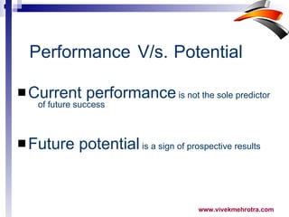 Current performance  is not the sole predictor  of future success Future potential  is a sign of prospective results Performance V/s.  Potential 