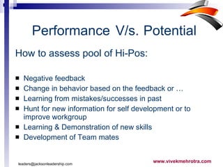 How to assess pool of Hi-Pos: Negative feedback  Change in behavior based on the feedback or … Learning from mistakes/successes in past  Hunt for new information for self development or to improve workgroup Learning & Demonstration of new skills  Development of Team mates  leaders@jacksonleadership.com  Performance V/s.  Potential 