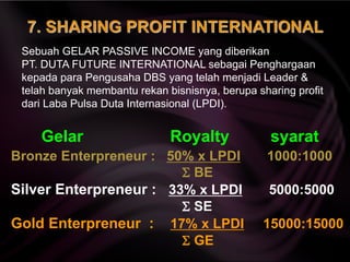 Gelar Royalty syarat
Sebuah GELAR PASSIVE INCOME yang diberikan
PT. DUTA FUTURE INTERNATIONAL sebagai Penghargaan
kepada para Pengusaha DBS yang telah menjadi Leader &
telah banyak membantu rekan bisnisnya, berupa sharing profit
dari Laba Pulsa Duta Internasional (LPDI).
Bronze Enterpreneur : 50% x LPDI 1000:1000
 BE
Silver Enterpreneur : 33% x LPDI 5000:5000
 SE
Gold Enterpreneur : 17% x LPDI 15000:15000
 GE
 