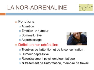 LA NOR-ADRENALINE
 Fonctions
 Attention
 Émotion -> humeur
 Sommeil, rêve
 Apprentissage
 Déficit en nor-adrénaline
 Troubles de l’attention et de la concentration
 Humeur dépressive
 Ralentissement psychomoteur, fatigue
  traitement de l’information, mémoire de travail
 