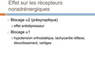 Effet sur les récepteurs
noradrénergiques
 Blocage 2 (présynaptique)
 effet antidépresseur
 Blocage 1
 hypotension orthostatique, tachycardie réflexe,
étourdissement, vertiges
 