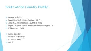 South Africa Country Profile
General Indicators
Population: 56, 5 Million (As at July 2017)
Area: 1.22 Million sq km ( 470, 693 sq miles)
Region: Southern African Development Community (SADC)
ICT Regulator: ICASA
Mobile Operators
Vodacom South Africa
MTN South Africa
Cell C