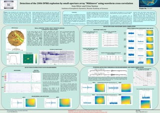 Detection of the 2006 DPRK explosion by small-aperture array “Mikhnevo” using waveform cross correlation
Ivan Kitov and Irina Sanina
Institute of Geospheres Dynamics, Russian Academy of Sciences
Abstract. Three underground tests conducted by DPRK in 2006,
2009, and 2013 were measured by small aperture seismic array
“Mikhnevo”, which has been operated by the Institute of
Geospheres Dynamics since 2004. This array is designed for the
purposes of regional seismic monitoring. It has aperture of
approximately 1 km and includes ten vertical and two 3-C stations.
Sampling rate is 200 counts per second. Automatic processing
includes beamforming (azimuth and slowness values for the preset
detection beams cover the range of regional and teleseismic body
waves), filtering and detection by standard STA/LTA procedure.
Distinct signals generated by the 2009 and 2013 events were
detected. The 2006 event was not detected by standard procedure
(detection threshold was STA/LTA=3.5) and we applied waveform
cross correlation (matched filter) in order to improve signal-to-
noise ratio (SNR). Multichannel waveforms from the 2009 and
2013 signals filtered in various frequency bands were used as
templates. The 2006 signal was detected with the cross
correlation technique with SNR>4. Therefore, the matched filter
technique improves detection capability of a small-aperture array
even for teleseismic waves.
Corresponding author: Ivan Kitov (IDG RAS)
E-mail: ikitov@mail.ru
IDG RAS
http://idg.chph.ras.ru
Disclaimer: The views expressed on this poster are those of the authors
and do not necessary reflect the views of the Institute of Geospheres Dynamics, RAS
Conclusion
Small aperture seismic array MHVAR has detected the
DPRK 2006 announced underground test using the
technique of waveform cross correlation (matched
filter) and multichannel waveform templates recorded
from the 2009 and 2013 tests. The length and
frequency bands for the templates have to be selected
carefully in order to maximize the performance of
cross correlation.
At the same time, standard method of beamforming
has failed to suppress noise to the level necessary for
detection of the DPRK 2006. In both cases, detection
threshold of STA/LTA=SNR>3.5 was selected as it is
providing a lower rate of false alarms. The STA
window has the length of 0.5 s and the LTA window
was 50 s.
Modelling with changing level of microseismic noise
has demonstrated that the matched filter technique
allows to detect underground tests with magnitude
below 4.0 from the DPRK test site while beamforming
provides detection threshold of 4.1 to 4.3 for the level
of microseismic noise observed on October 9, 2006.
The suppression of not correlated noise by
beamforming could improve SNR by a factor of 3.5
(for 12 channels). The application of waveform cross
correlation at MHVAR has reduced the threshold of
detection of signals from different sources by a factor
of 10 in comparison to a three component station. For
underground explosions, a tenfold decrease in the
amplitude threshold of signal detection means that an
explosion source with seismic energy decreased 10
times can be detected. The use of various signal
detection filters may improve SNR by a factor of 3.
Additional measures such as reduction of the
microseismic noise level (for example, deployment of
sensors in wells at the depth of a few tens of meters),
increase in array aperture, and increment of the
number of seismic sensors lead to further reduction in
the detection threshold.
In the current study we use the
records of three DPRK events at
small-aperture seismic array
Mikhnevo (MHVAR). The Institute of
Geospheres Dynamics (IDG) of the
Russian Academy of Sciences
operates seismic array MHVAR
(54.950N; 37.767E) since 2004.
Small-aperture seismic array
“Mikhnevo” includes ten vertical
stations (solid triangles), with one
station in the geometrical centre of
the array (C00) and other nine
stations distributed over three
circles with radii of 130 m, 320 m,
and 600 m. The array aperture in
approximately 1.1 km. Two 3-C
stations (solid triangles in circles)
were added to the outer circle in
order to improve the overall stations
sensitivity (detection threshold) and
resolution. All stations are equipped
with short-period seismometers
SM3-KV, which are characterized by
flat response between 0.8 Hz and 30
Hz and gain of 180,000 [Vs/m].
Later, a 3-C broad band station (BB)
was installed in the centre of the
array for surface wave
measurements. The array response
function (only for 12 vertical
channels) is similar to that for many
small-aperture arrays. Such arrays
are designed to measure high-
frequency signals from regional and
near-regional sources with
magnitudes above 2.0.
3.0
30.0
0 2 4 6 8 10
SNR
noise factor, C
2013 STA/LTA
2013 CC 1/2
2013 CC 1/1
2009 STA/LTA
2009 CC 2/1
2009 CC 2/2
MHVAR design
Template 2013, Butterworth 3-d
order filter 2-4 Hz
Template 2009, Butterworth 3-d
order filter 3-6 Hz
Beams of MHVAR vertical channels, obtained by summation of waveforms normalized to their respective
peak values. Time delays correspond to the slowness vector with the peak SNR for the explosions of 2009
and 2013. Dashed lines – for the original waveforms, solid lines – the original signals merged with
preceding noise multiplied by factor (C) 3 and 6, respectively.
For signal detection, we applied the method
based on the ratio of the average absolute
amplitudes in the short (STA) and long (LTA)
time window, STA/LTA, which is aslo used to
estimate the signal to noise ratio: SNR =
STA/LTA. The length of the STA window is
0.5 s, while that of the LTA window is 60 s.
To increase the SNR value, we applied
filtering in seven frequency bands (Hz): 0.5–
2, 1–3, 2–4, 3–6, 4–8, 6–12, and 10–20. For
this purpose, we used a third order band-pass
Butterworth filter.
According to the estimates by the
International Data Centre of the
Comprehensive Nuclear-Test-Ban Treaty
Organization (CTBTO), the magnitudes (mb)
of the events in 2006, 2009, and 2013 were
4.1, 4.5, and 4.9, respectively. The estimate of
the 2006 event energy from averaged
spectra of teleseismic P-waves falls within
the range of 0.6–1.0 kilotons of TNT (1 kg
of TNT = 4.184 × 1012 J), while it is 2.0–4.8
kilotons of TNT for the 2009 event. For the
explosion of 2013, the energy estimated
from the magnitudes of Lg waves is from
4.04 to 8.47 kilotons of TNT.
The problem of detecting signals from
sources close in space can be solved with the
help of waveform cross correlation. As a
reference waveform, we chose the records of
the events of 2009 and 2013, having the
highest SNR value. The correlation factor
was calculated for each channel of the
Mikhnevo array.
Date OT Arrival
time
Travel
time
SNR Arrival
time
Travel
time
SNR_CC
09.10.2006 01:35:27 NA NA NA 01:45:24 09:57.0 3.9
25.05.2009 00:54:42 01:04:39 09:57.0 11.6 01:04:38 09:56.0 13.4
12.02.2013 02:57:49 03:07:47 09:58.3 31.2 03:07:47 09:58.0 19.0
WAVEFORM TEMPLATES
WAVEFORMS SPECTRA
signal/noise
SMALL-APERTURE SEISMIC ARRAY MIKHNEVO (MHVAR)
is designed for regional studies
2013
CROSS CORRELATION COEFFICIENTS, SNR, AND FK
2013/
2013
2009/
2013
2013/
2009
2009/
2009
2013/
2006
Template 2013, channel C00
six filters
2009
Array response
Examples of regional signals
Seismometer response
DETECTION USING WAVEFORM CROSS CORRELATION
DETECTION OF DPRK EVENTS WITH BEAMFORMING STUDYING DETECTION THRESHOLD FOR BEAMFORMING AND CROSS CORRELATION
Beamforming and detection with noise factor С=3
SNR as a function of noise factor for
the DPRK 2013 and 2009
Cross correlation and detection with noise factor С=3
2013 2009
2009
2009
2013
2013
Cross correlation with noise factor С=6, 2013
Statistic of detections with beamforming and
cross correlation
BEAMFORMING AND DETECTION
Poster No. T2.2-P7
 