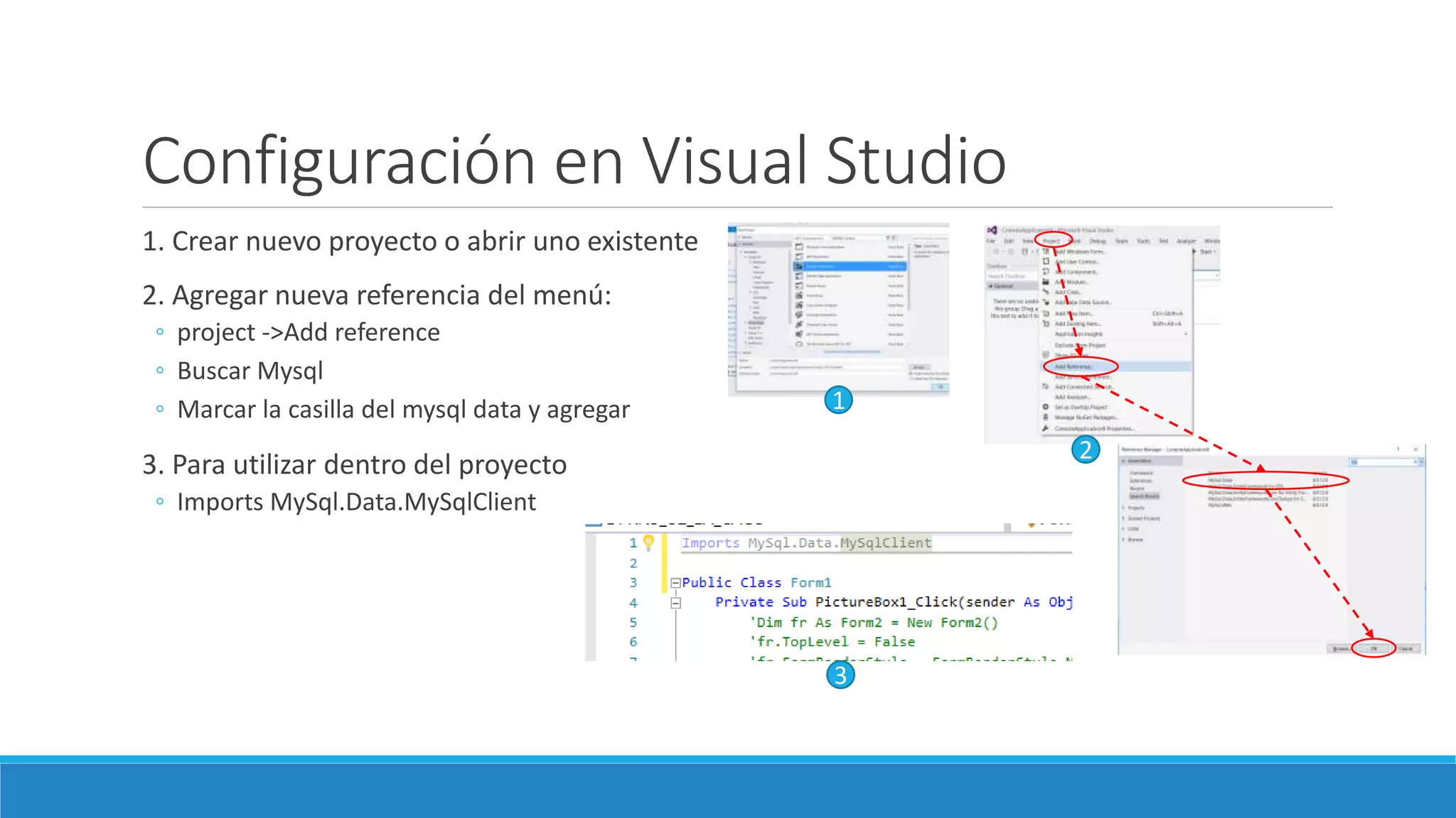 Configuración en Visual Studio
1. Crear nuevo proyecto o abrir uno existente
2. Agregar nueva referencia del menú:
◦ project ->Add reference
◦ Buscar Mysql
◦ Marcar la casilla del mysql data y agregar
3. Para utilizar dentro del proyecto
◦ Imports MySql.Data.MySqlClient
1
2
3
 