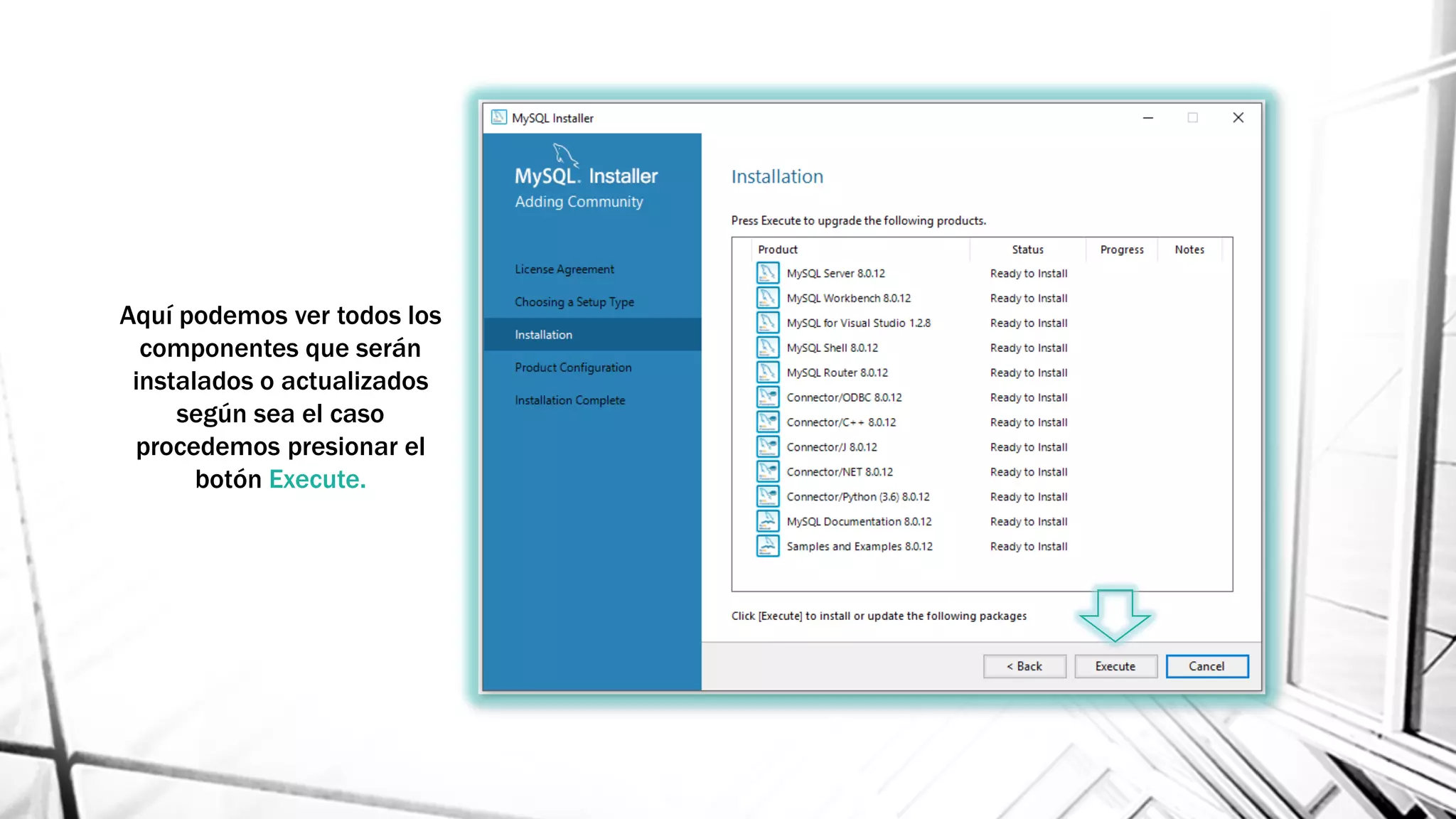 Aquí podemos ver todos los
componentes que serán
instalados o actualizados
según sea el caso
procedemos presionar el
botón Execute.
 