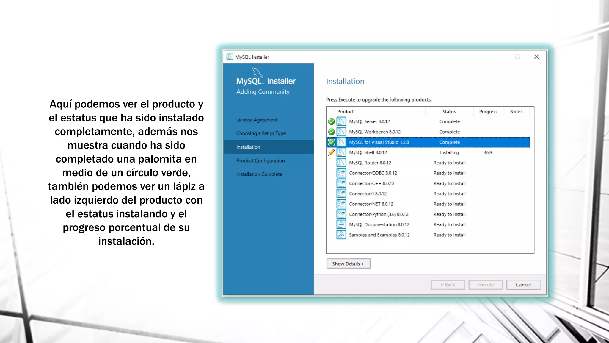 Aquí podemos ver el producto y
el estatus que ha sido instalado
completamente, además nos
muestra cuando ha sido
completado una palomita en
medio de un círculo verde,
también podemos ver un lápiz a
lado izquierdo del producto con
el estatus instalando y el
progreso porcentual de su
instalación.
 