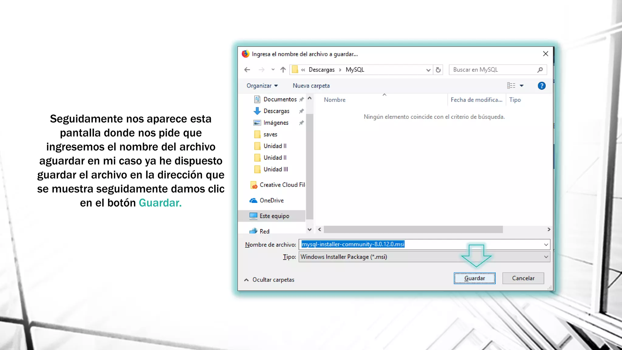 Seguidamente nos aparece esta
pantalla donde nos pide que
ingresemos el nombre del archivo
aguardar en mi caso ya he dispuesto
guardar el archivo en la dirección que
se muestra seguidamente damos clic
en el botón Guardar.
 