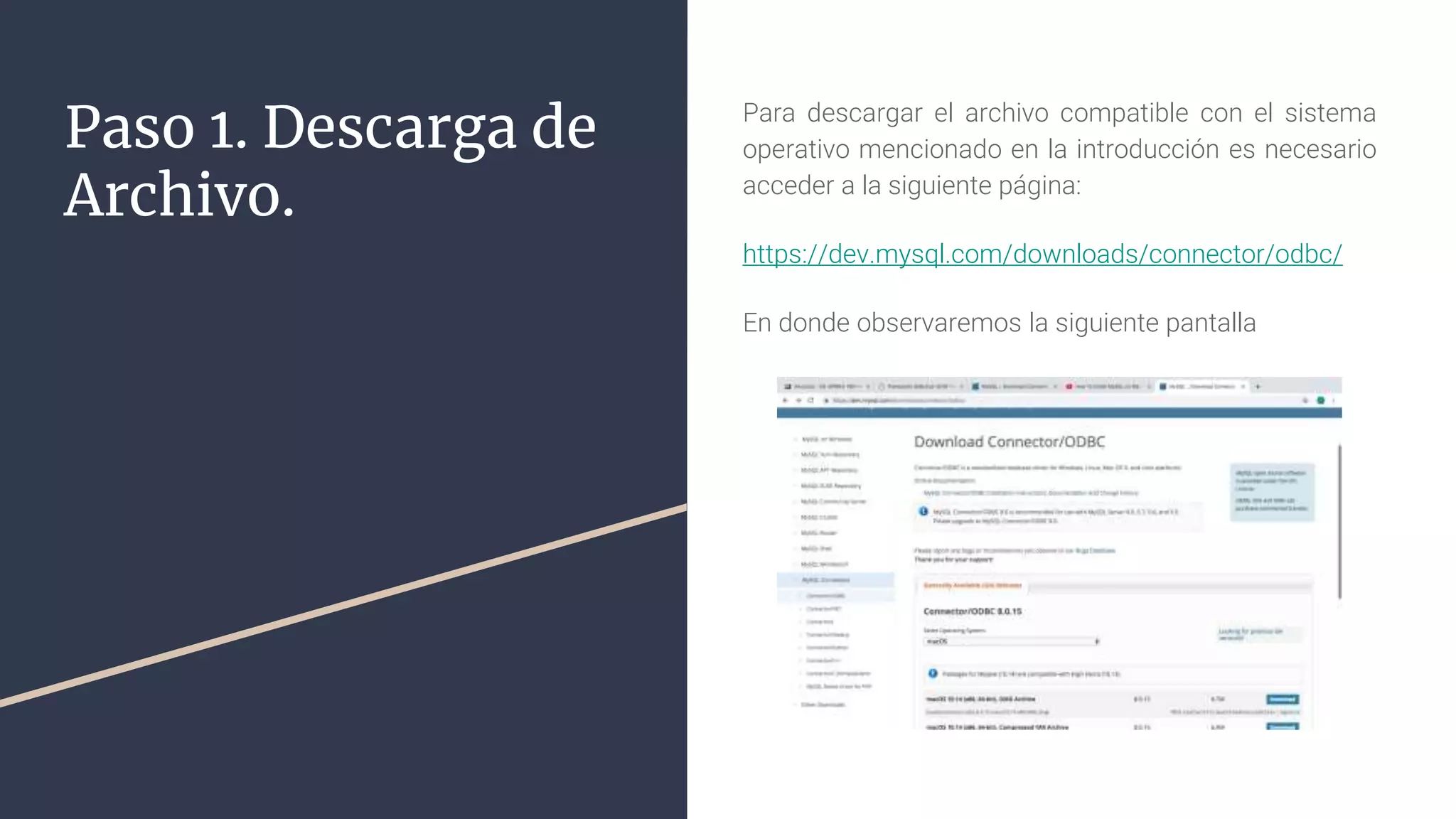Paso 1. Descarga de
Archivo.
Para descargar el archivo compatible con el sistema
operativo mencionado en la introducción es necesario
acceder a la siguiente página:
https://dev.mysql.com/downloads/connector/odbc/
En donde observaremos la siguiente pantalla
 
