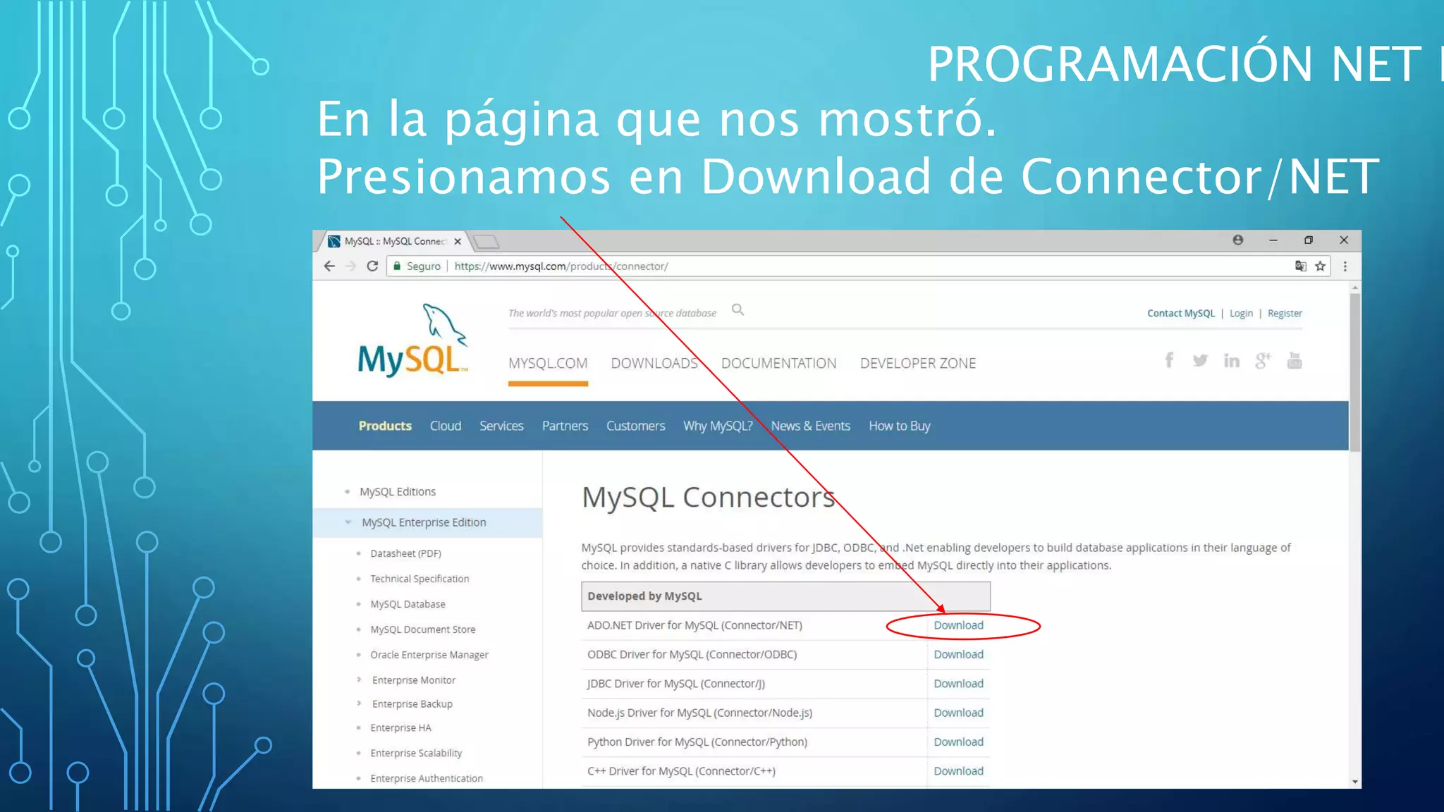 PROGRAMACIÓN NET I
En la página que nos mostró.
Presionamos en Download de Connector/NET
 