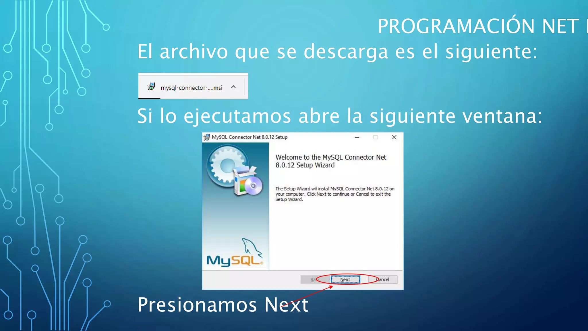 PROGRAMACIÓN NET I
El archivo que se descarga es el siguiente:
Si lo ejecutamos abre la siguiente ventana:
Presionamos Next
 