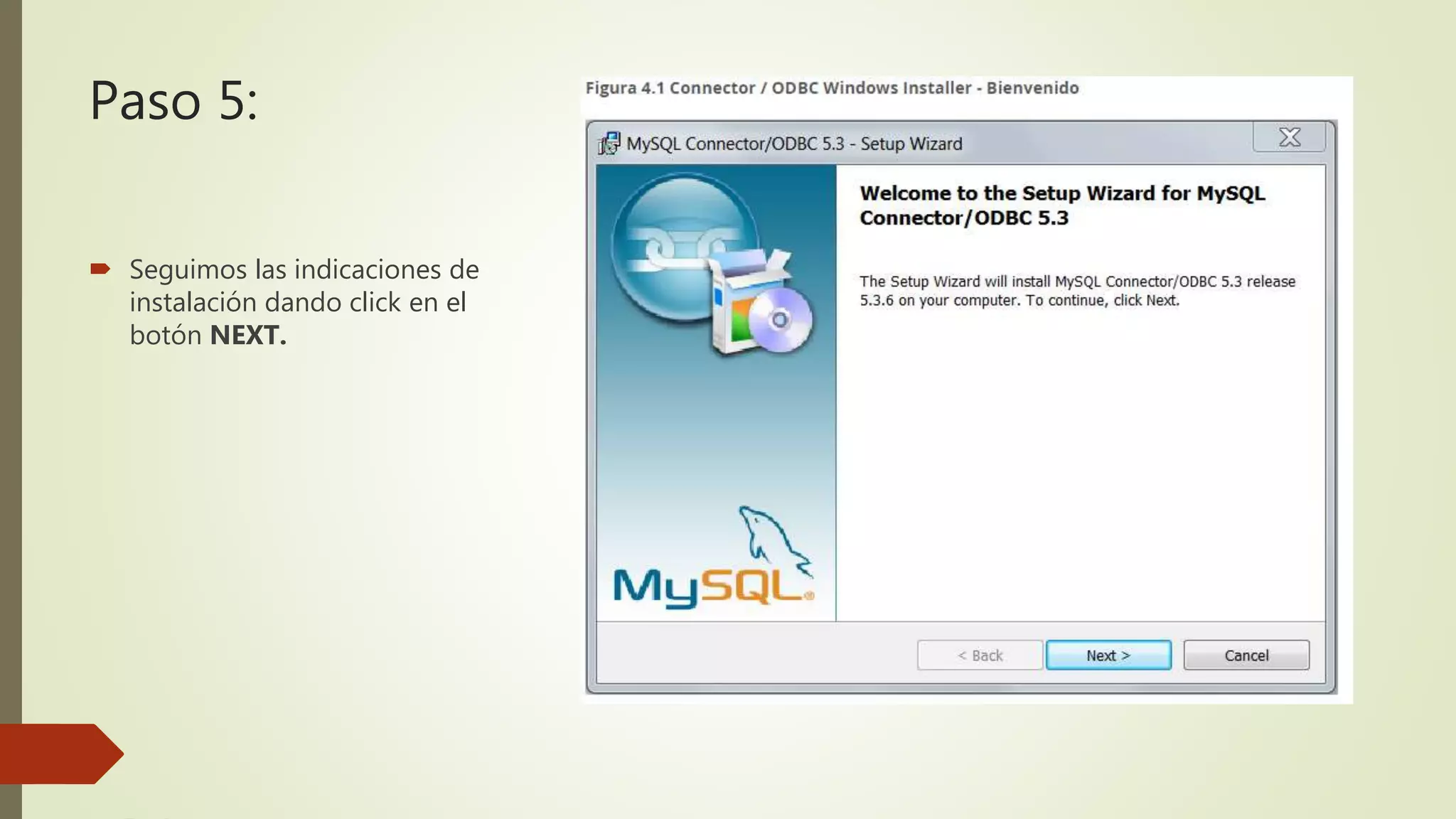 Paso 5:
 Seguimos las indicaciones de
instalación dando click en el
botón NEXT.
 
