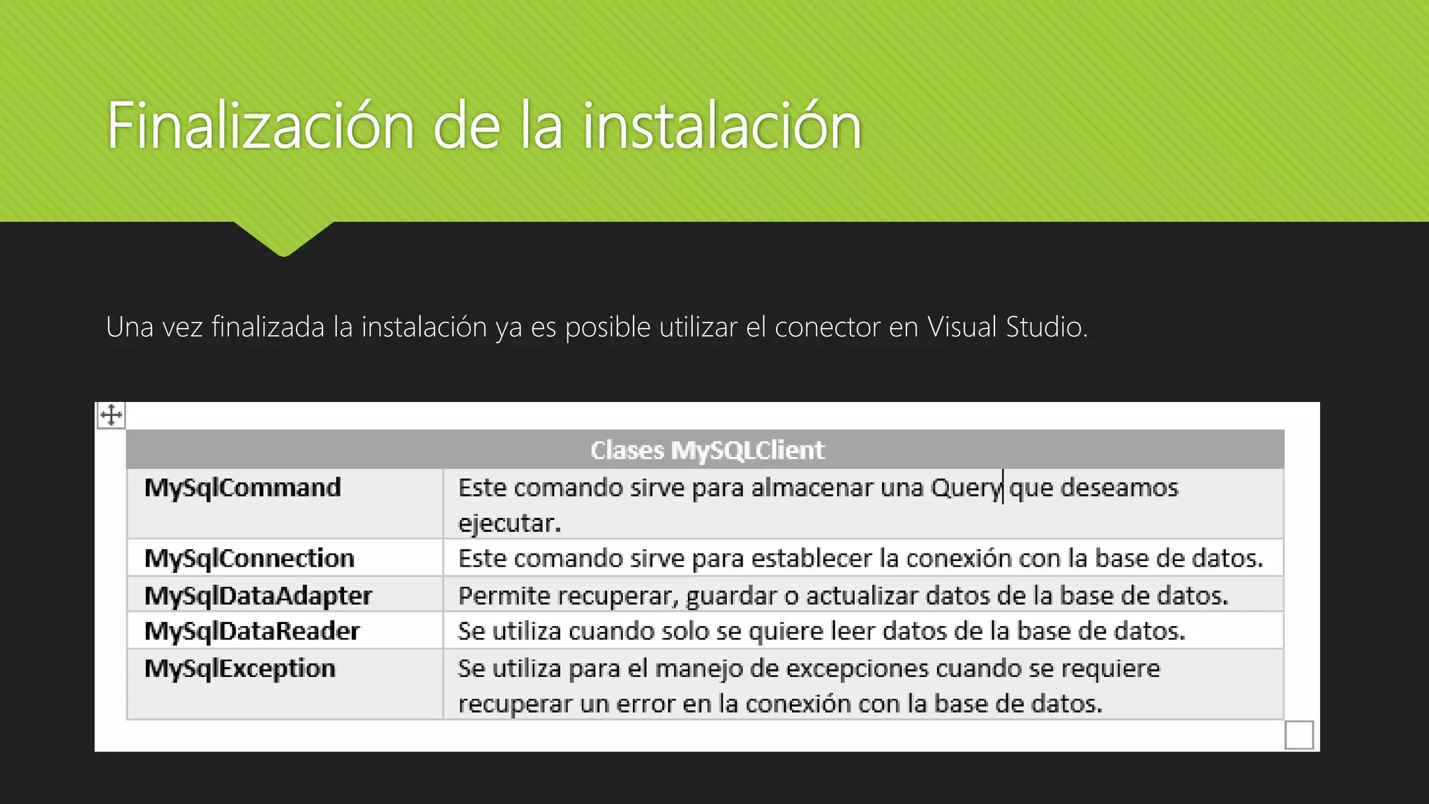 Finalización de la instalación
Una vez finalizada la instalación ya es posible utilizar el conector en Visual Studio.
 