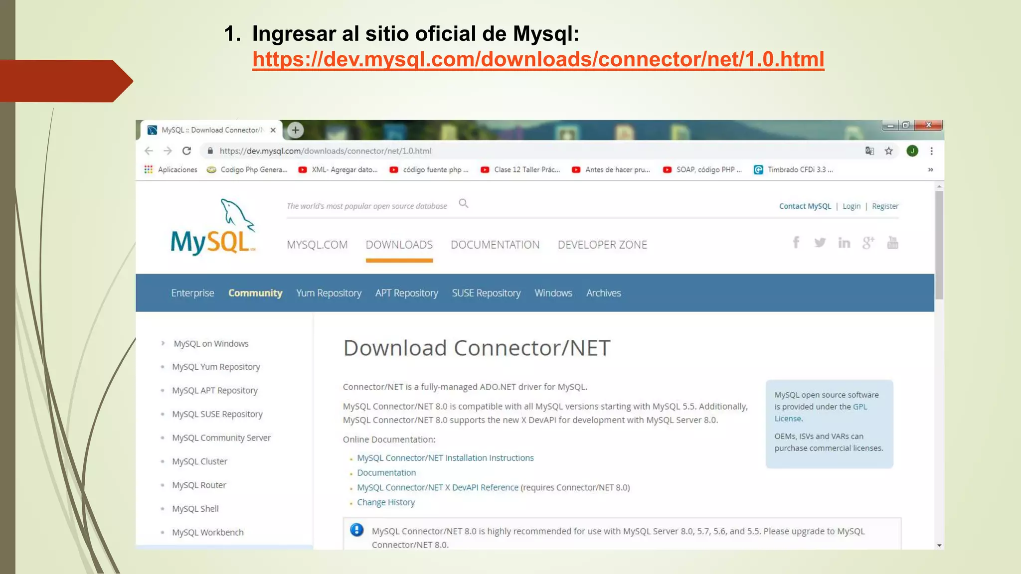 1. Ingresar al sitio oficial de Mysql:
https://dev.mysql.com/downloads/connector/net/1.0.html
 