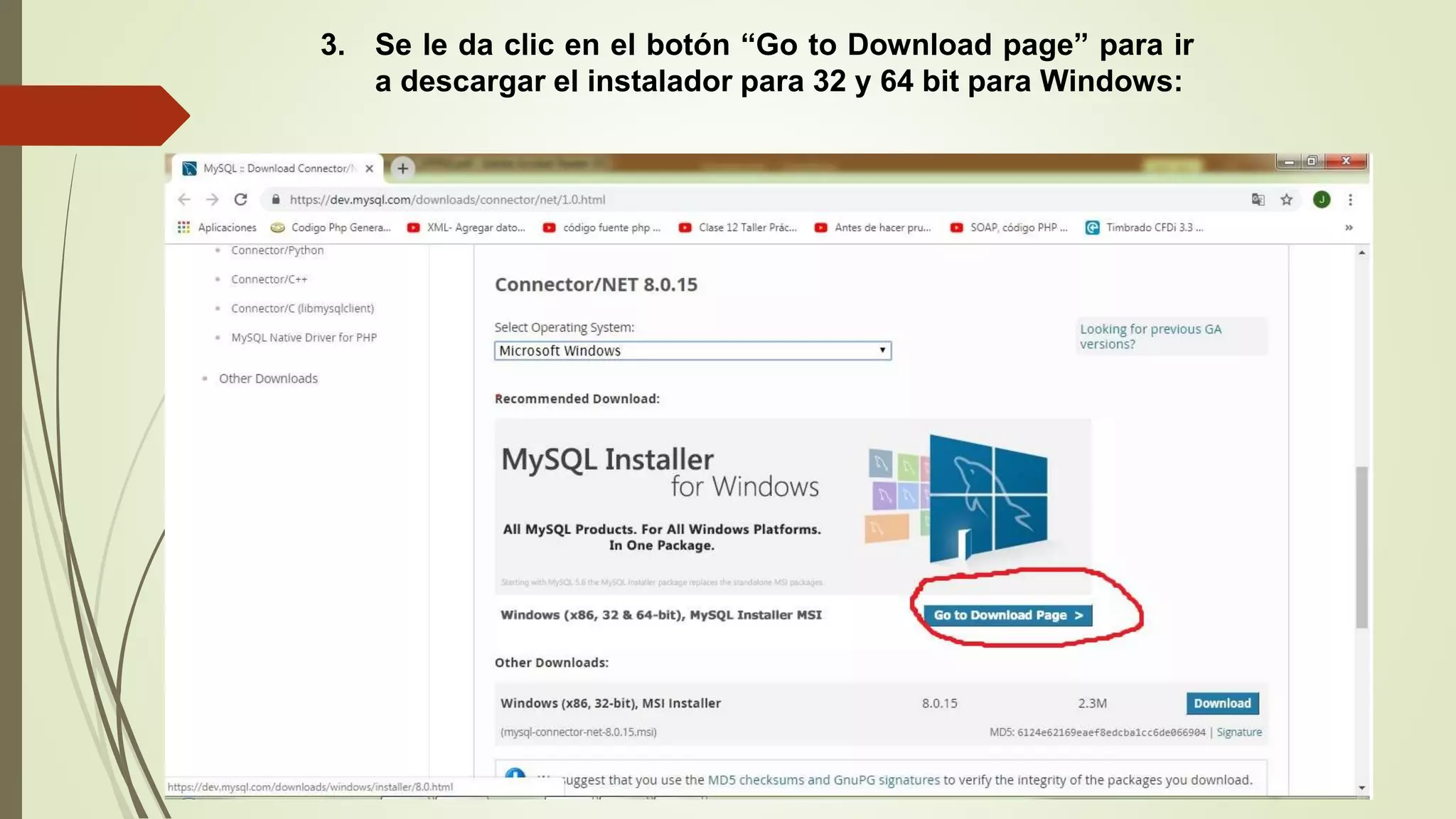 3. Se le da clic en el botón “Go to Download page” para ir
a descargar el instalador para 32 y 64 bit para Windows:
 