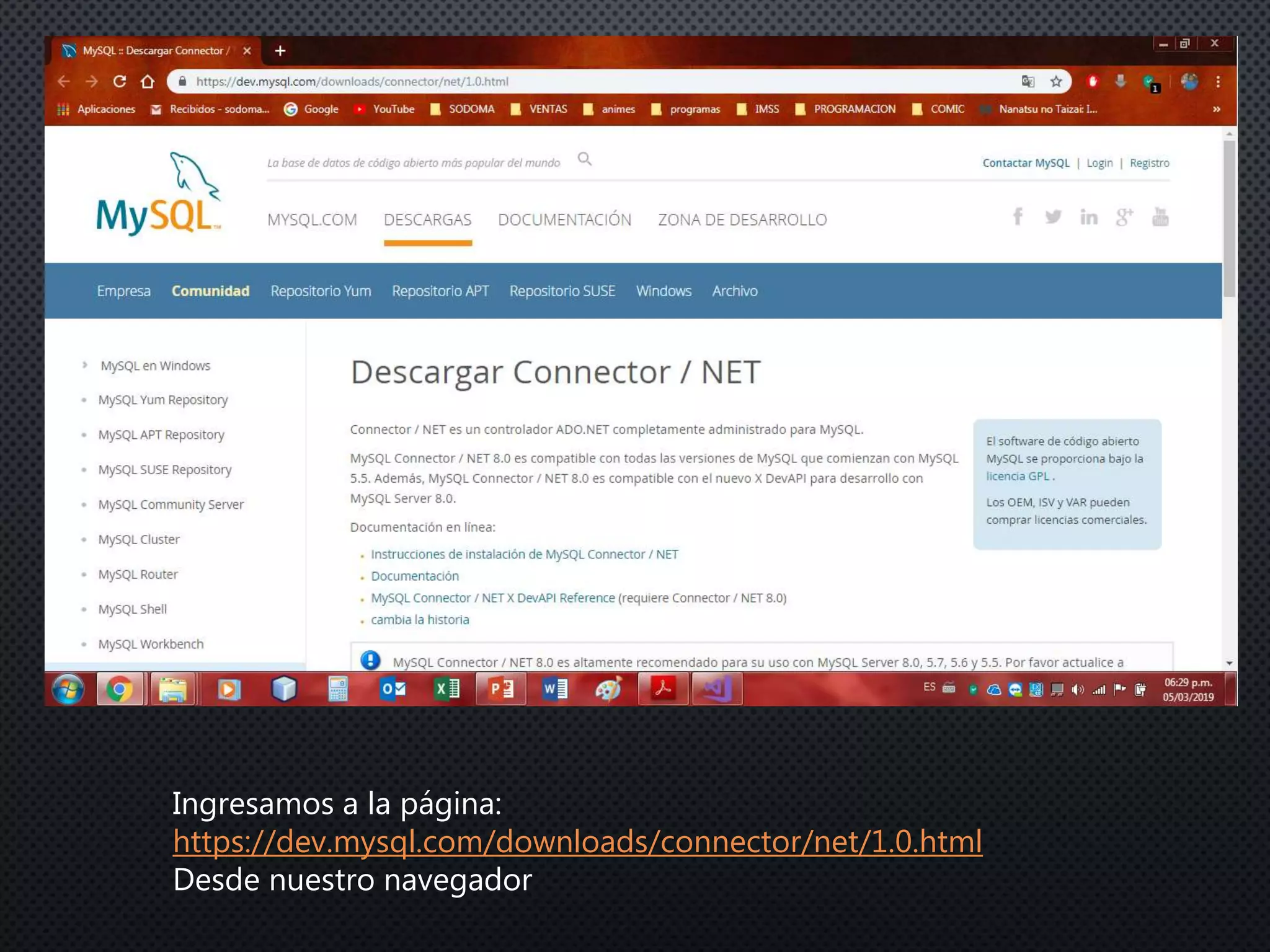 Ingresamos a la página:
https://dev.mysql.com/downloads/connector/net/1.0.html
Desde nuestro navegador
 