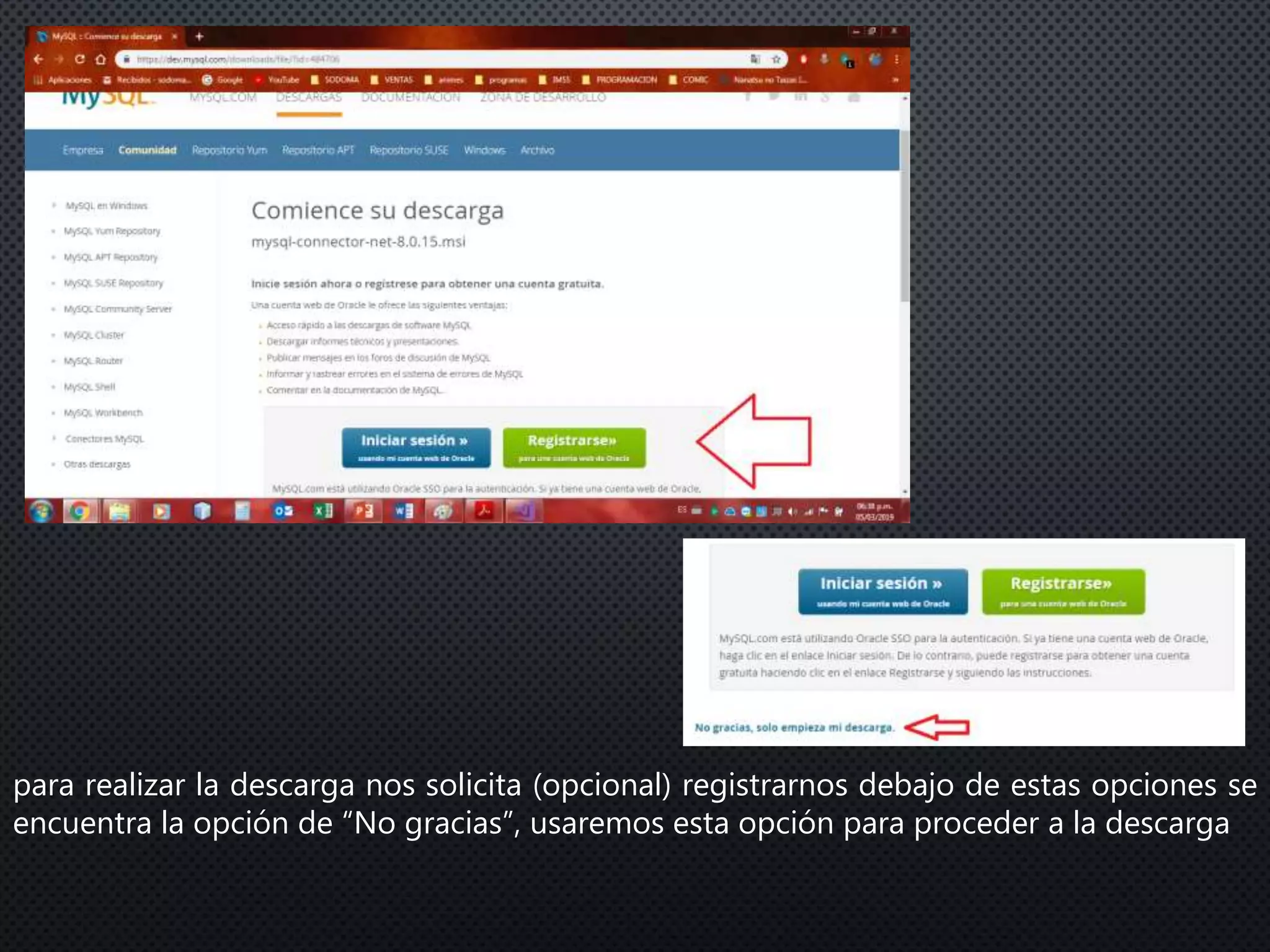 para realizar la descarga nos solicita (opcional) registrarnos debajo de estas opciones se
encuentra la opción de “No gracias”, usaremos esta opción para proceder a la descarga
 